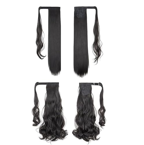 Pferdeschwanz-Haarverlängerung mit Haarklammer, Kunsthaar, einteilig, lang, Pferdeschwanz, glattes und lockiges Haar, für Damen und Mädchen, 2 Stück (01) von FengQingHuaGG