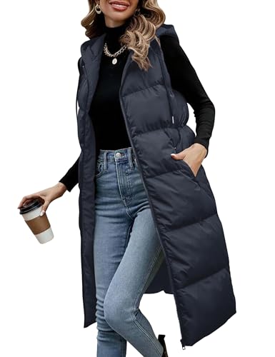 Damen Steppweste Lang mit Kapuze Ärmellos Winterweste Daunenfüllung Leicht Warm Outdoorweste Übergangsweste für Herbst und Winter von Fengbay