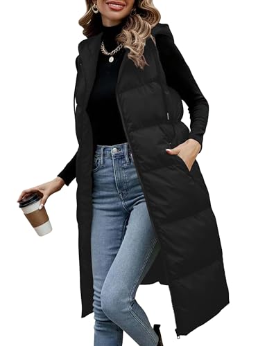 Damen Steppweste Lang mit Kapuze Ärmellos Winterweste Daunenfüllung Leicht Warm Outdoorweste Übergangsweste für Herbst und Winter von Fengbay