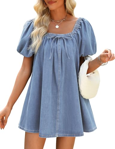 Fengbay Jeanskleid Damen Sommer,Puff Kurzarm Casual Jean Kleid Quadratischer Hals Freizeitkleid Denim Kleider mit Taschen von Fengbay