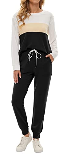 Fengbay Zweiteiler Damen Lounge Set Langärm Rundhals Top mit Hose 2-Teiliges Outfit Jumpsuit Elegant Loungewear Hausanzug Jogginganzug Sporthose Freizeit mit Taschen Schwarz L von Fengbay