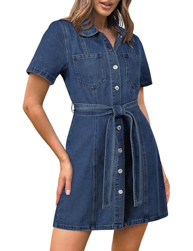 Jeanskleid Damen Sommer,Kurzärmelige Button Down Casual Elegant Denim Shirt Kleider mit Taschen von Fengbay