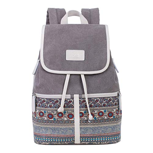 Canvas Rucksack für Frauen, 14,5 Zoll Daypacks Flap & Drawstring Verschlüsse - Grau von Fenggtonqii