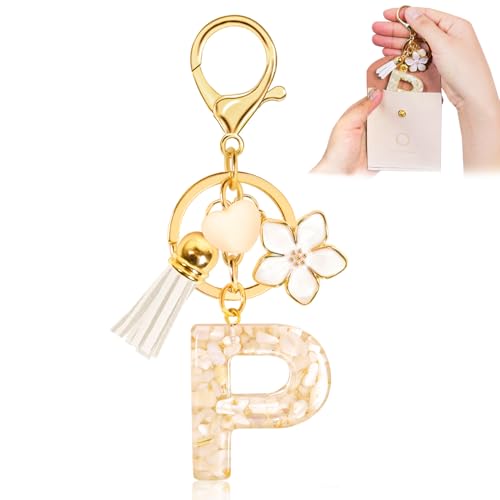 Fengguock Schlüsselanhänger Schlüssel Buchstabe Anhänger Schlüsselanhänger mit Anfangsbuchstaben Herzförmig Mädchen Keychain mit Blume Geschenk für Mädchen-P von Fengguock