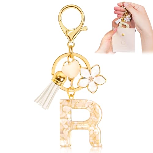 Fengguock Schlüsselanhänger Schlüssel Buchstabe Anhänger Schlüsselanhänger mit Anfangsbuchstaben Herzförmig Mädchen Keychain mit Blume Geschenk für Mädchen-R von Fengguock
