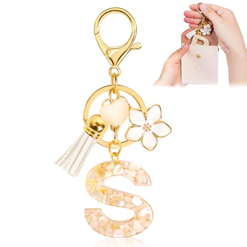 Fengguock Schlüsselanhänger Schlüssel Buchstabe Anhänger Schlüsselanhänger mit Anfangsbuchstaben Herzförmig Mädchen Keychain mit Blume Geschenk für Mädchen-S von Fengguock