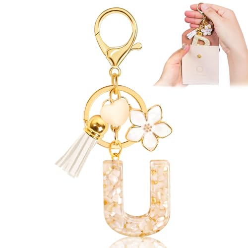 Fengguock Schlüsselanhänger Schlüssel Buchstabe Anhänger Schlüsselanhänger mit Anfangsbuchstaben Herzförmig Mädchen Keychain mit Blume Geschenk für Mädchen-U von Fengguock