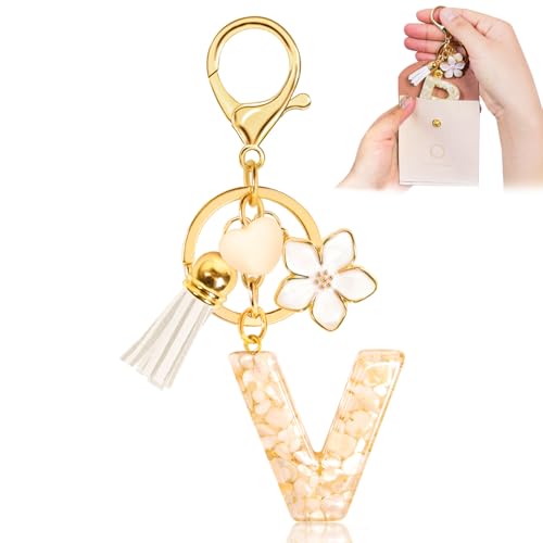 Fengguock Schlüsselanhänger Schlüssel Buchstabe Anhänger Schlüsselanhänger mit Anfangsbuchstaben Herzförmig Mädchen Keychain mit Blume Geschenk für Mädchen-V von Fengguock
