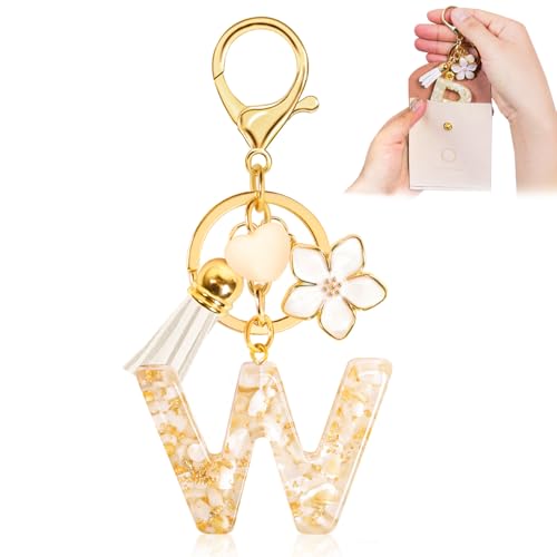 Fengguock Schlüsselanhänger Schlüssel Buchstabe Anhänger Schlüsselanhänger mit Anfangsbuchstaben Herzförmig Mädchen Keychain mit Blume Geschenk für Mädchen-W von Fengguock