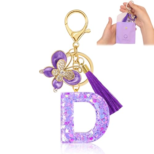 Fengguock Schlüsselanhänger Schlüssel Buchstabe Anhänger Schlüsselanhänger mit Anfangsbuchstaben Mädchen Keychain mit Schmetterling Geschenk für Mädchen Lila-D von Fengguock