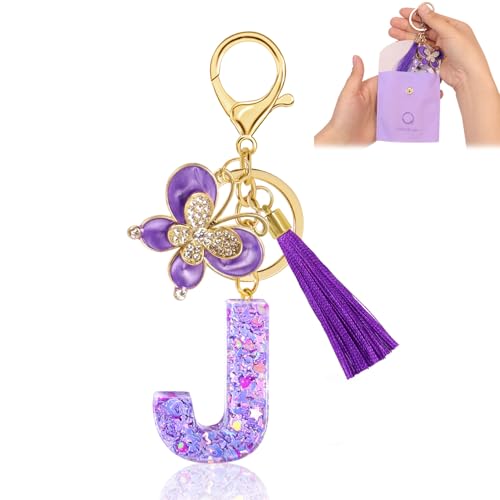 Fengguock Schlüsselanhänger Schlüssel Buchstabe Anhänger Schlüsselanhänger mit Anfangsbuchstaben Mädchen Keychain mit Schmetterling Geschenk für Mädchen Lila-J von Fengguock