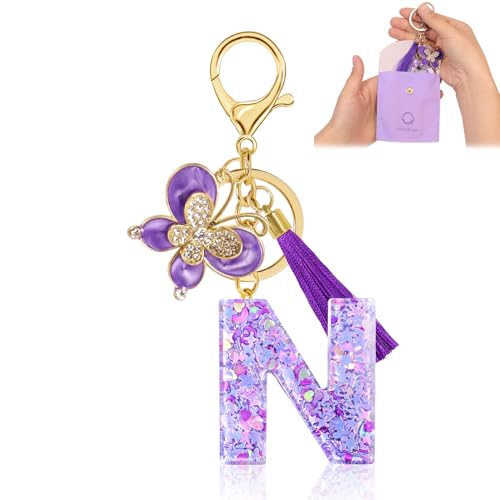 Fengguock Schlüsselanhänger Schlüssel Buchstabe Anhänger Schlüsselanhänger mit Anfangsbuchstaben Mädchen Keychain mit Schmetterling Geschenk für Mädchen Lila-N von Fengguock