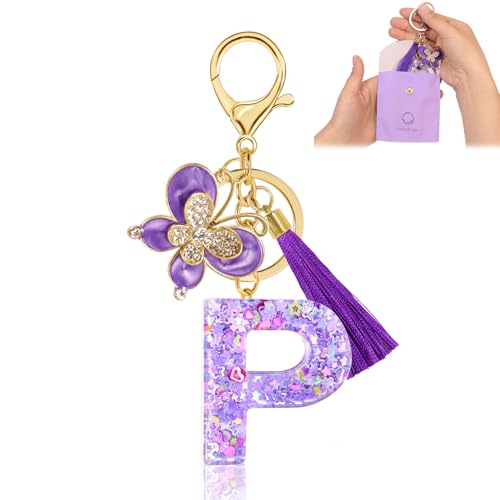Fengguock Schlüsselanhänger Schlüssel Buchstabe Anhänger Schlüsselanhänger mit Anfangsbuchstaben Mädchen Keychain mit Schmetterling Geschenk für Mädchen Lila-P von Fengguock