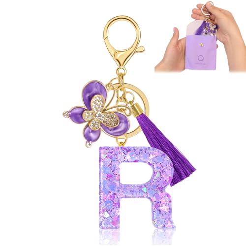 Fengguock Schlüsselanhänger Schlüssel Buchstabe Anhänger Schlüsselanhänger mit Anfangsbuchstaben Mädchen Keychain mit Schmetterling Geschenk für Mädchen Lila-R von Fengguock