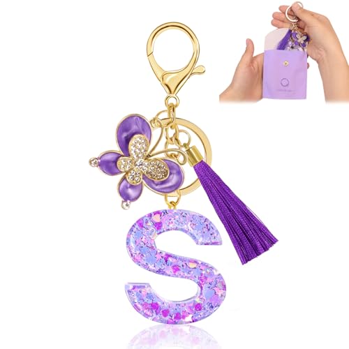 Fengguock Schlüsselanhänger Schlüssel Buchstabe Anhänger Schlüsselanhänger mit Anfangsbuchstaben Mädchen Keychain mit Schmetterling Geschenk für Mädchen Lila-S von Fengguock
