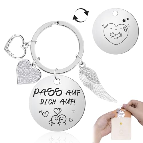 Fengguock Schutzengel Schlüsselanhänger “Pass auf dich auf“ – Personalisiert, Glücksbringer mit Gravur – Geschenk für Freundin, Frauen, Einschulung & Abschiedsgeschenk Auslandsjahr von Fengguock