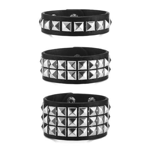 Fenglin-joy Punk Besetztes Armband, 3 Stück Nieten Armband Leder Nieten Punk Armreif Verstellbare Manschette für Männer Frauen Cosplay Party (Schwarz von Fenglin-joy