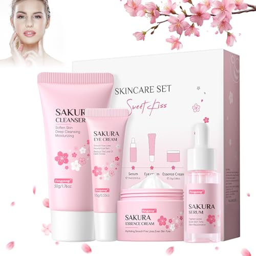 Fengyang® 4 Teiliges Geschenkset Hautpflegeset Für Frauen, Sakura Hautpflegeset, Hautpflege-Sets, Sanfte Haut Reinigung, Gesichtspflege-Werkzeug Kirschblütenextrakt (4-set) von Fengyang