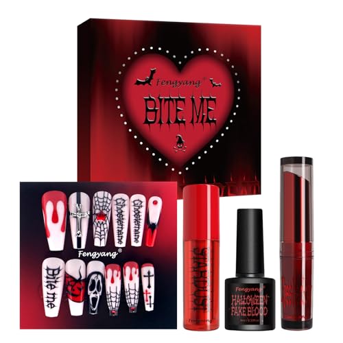 Fengyang® Halloween-Party-Make-up-Set, Gesichts-Make-up-Set, Lippenstift, Französische Nagelverlängerung, Zweifarbiger Lidschatten, Kunstblut-Set, für Karneval, Halloween (A) von Fengyang