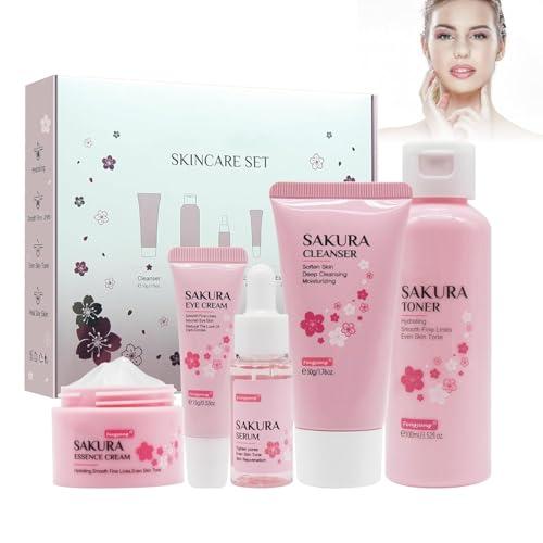 Fengyang® 5 Teiliges Geschenkset Hautpflegeset Für Frauen, Sakura Hautpflegeset, Hautpflege-Sets, Sanfte Haut Reinigung, Gesichtspflege-Werkzeug Kirschblütenextrakt(5set) von Fengyang