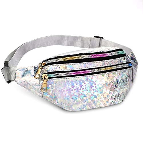 Fengzio Bauchtasche Damen Wasserdicht Gürteltasche mit 3 Reißverschluss Fächer und Reflektierender 80er,90er Jahre Outfit Damen Bauchtasche, Stylisch Hüfttasche Mädchen für Festival,Party,Sport von Fengzio