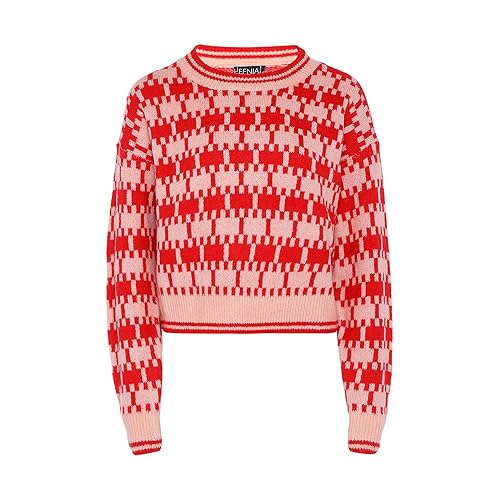 Fenia Damen Roter Strickpullover mit Rundhalsausschnitt in Kontrastfarbe Rot Wollweiss Größe M/L von FENIA