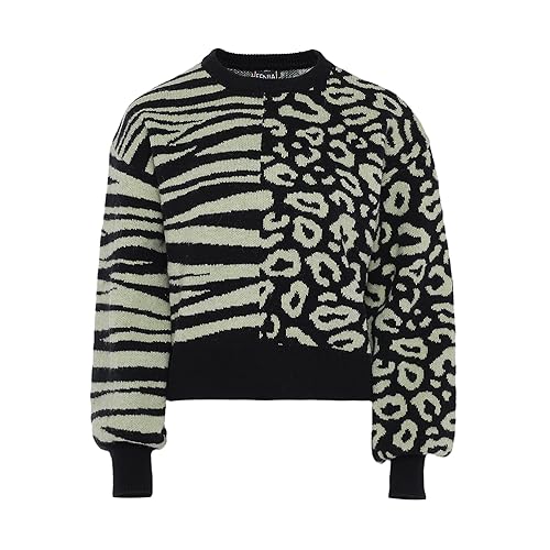 Fenia Damen Warmer Pullover mit Zebra-Einsätzen mit Leopardenmuster Schwarz Weiss Größe XL/XXL von FENIA