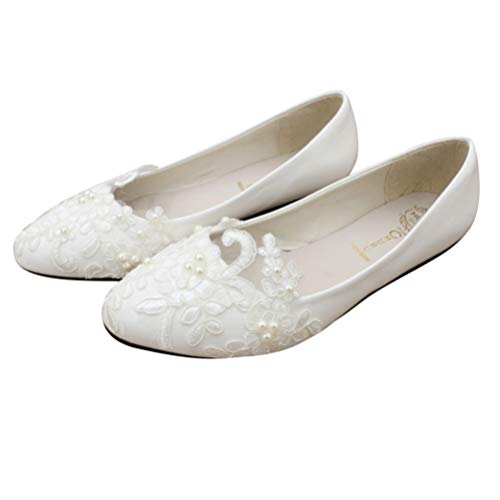 Fenical Spitze Hochzeit Schuhe Spitze Perle Blume Hochzeit Braut flache Schuhe für Frauen 1 Paar Größe 39 weiß von Fenical