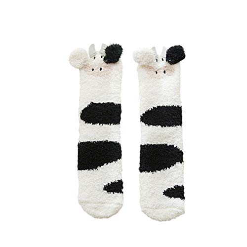 Fenical Süße Tier Korallen Fleece Oberschenkel Hohe Socken Winter Warm Dicke Fuzzy Mode Mittleren Rohr Strümpfe für Frauen Mädchen Dame (Kuh) von Fenical