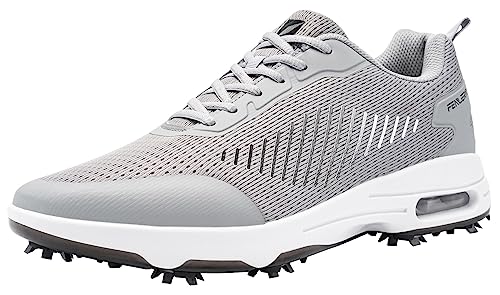 Fenlern Herren Golfschuhe Mesh Atmungsaktive Leichte Golf Sport Luftgepolsterte Schuhe Mit 9 Golf Spikes (Silbergrau, 48) von Fenlern