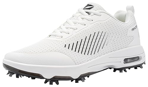 Fenlern Herren Golfschuhe Mesh Atmungsaktive Leichte Golf Sport Luftgepolsterte Schuhe Mit 9 Golf Spikes (Weiß, 44.5) von Fenlern
