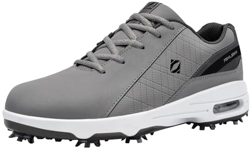 Fenlern Herren Golfschuhe Anti-Rutsch-Leichte Outdoor Golfschuh mit Spikes für Männer Golf Training (Grau Weiß, 42) von Fenlern