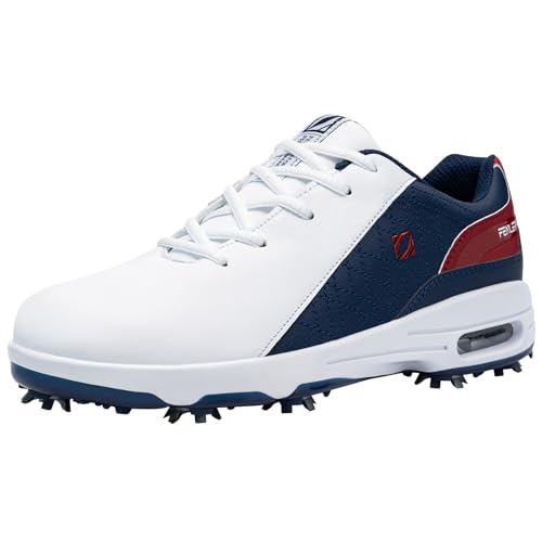 Fenlern Herren Golfschuhe Anti-Rutsch-Leichte Outdoor Golfschuh mit Spikes für Männer Golf Training (Weiß Dunkelblau, 40) von Fenlern