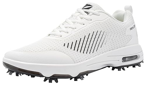 Fenlern Herren Golfschuhe Mesh Atmungsaktive Leichte Golf Sport Luftgepolsterte Schuhe Mit 9 Golf Spikes (Weiß, 41) von Fenlern