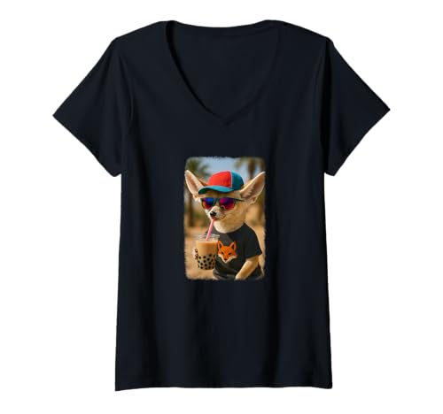 Damen Realistischer Fennec Fuchs trinkt Bubble Tea T-Shirt mit V-Ausschnitt Damen Realistischer Fennec Fuchs trinkt Bubble Tea T-Shirt mit V-Ausschnitt von Fennec Fuchs Bubble Tea Shop