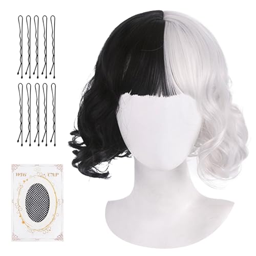 Fennoral Cruella Deville Perücke Kinder Halb Schwarz Halb Weiß Kurze Perücken mit Haarspange Perückenkappe Cruella Cosplay Zubehör Kinder Halloween Karneval Rollenspiel Mottoparty Maskerade von Fennoral
