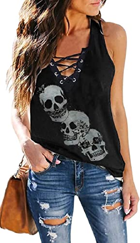 Fensajomon Totenkopf-Shirts für Damen, Tank-Top, ärmellos, Workout, Sommer, bedruckt, lockeres Lauf-T-Shirt, Weste, C-schwarz, Groß von Fensajomon