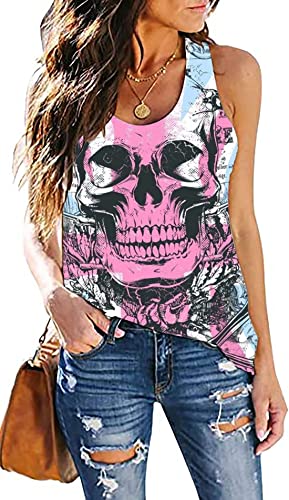 Fensajomon Totenkopf-Shirts für Damen, Tank-Top, ärmellos, Workout, Sommer, bedruckt, lockeres Lauf-T-Shirt, Weste, Y-1, Groß von Fensajomon