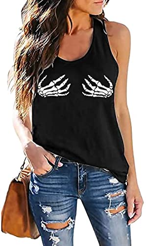 Fensajomon Totenkopf-Shirts für Damen, Tank-Tops, ärmellos, Workout, Sommer, bedruckt, lockeres Lauf-T-Shirt, F-schwarz, Mittel von Fensajomon