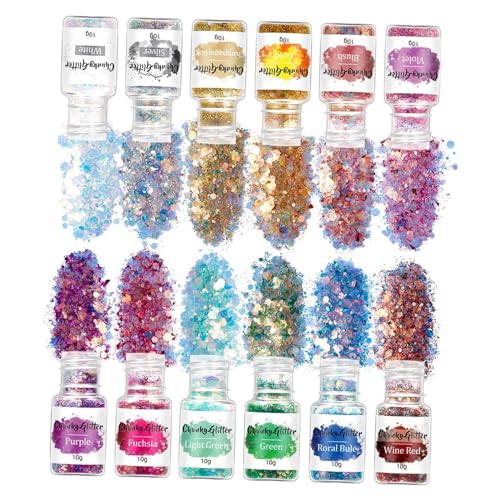 Fenteer (12 Flaschen) Nagelglitzer, Pailletten, funkelnde Effekt-Anhänger, Konfetti, 3D-Glitzer, glänzende, holografische Nagelkunst für Mädchen, Helle Farben von Fenteer