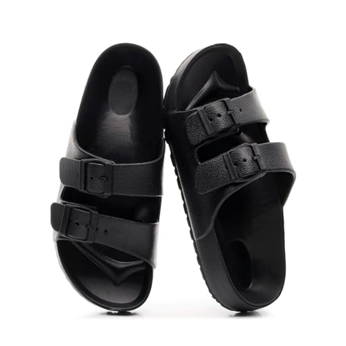 Fenyiti Sandalen für Damen, Doppelschnalle, verstellbar, Sommer, Hausschuhe, flache Schuhe, Schwarz, 7 Women/6 Men von Fenyiti