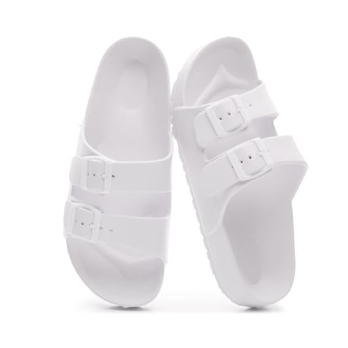 Fenyiti Sandalen für Damen, Doppelschnalle, verstellbar, Sommer, Hausschuhe, flache Schuhe, Weiss/opulenter Garten, 12 Women/11 Men von Fenyiti