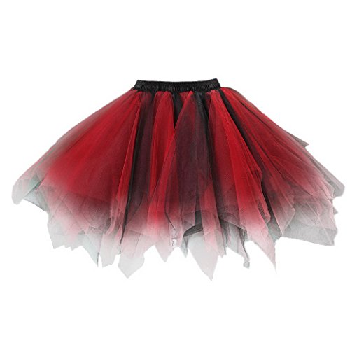 FEOYA Damen Tütü Rock Mini Tutu Tanzen Tüllrock Unregelmäßig Ballettrock A-Linie Unterrock Festlich Faltenrock Größe XXL - Rot/Schwarz von FEOYA