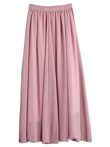 FEOYA Damen Doppelte Schicht Chiffon Rock Strandrock Einfarbig Plissee Maxirock Elastischer Taillen Langer Rock Faltenrock Sommerrock - Altrosa von FEOYA