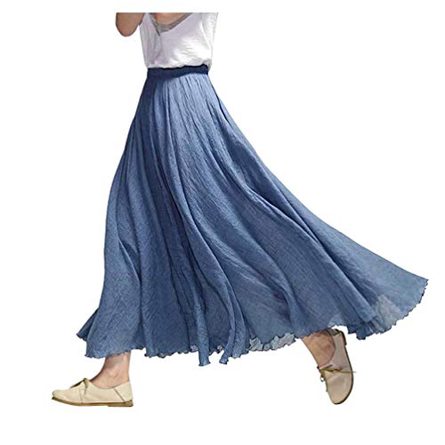 FEOYA Damen Maxi Rock Frauen Baumwolle Leinen Double Layer Elastische Taille Plissee Retro Lang Rock von FEOYA