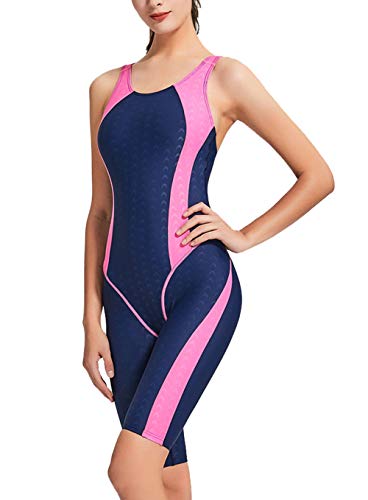 FEOYA Damen Schwimmanzug Legsuits Einteiler Badeanzug Wassersport Wettkampfanzug Trainninganzug mit Bein UV-Schutz Bademode-Blau+Pink-2XL von FEOYA