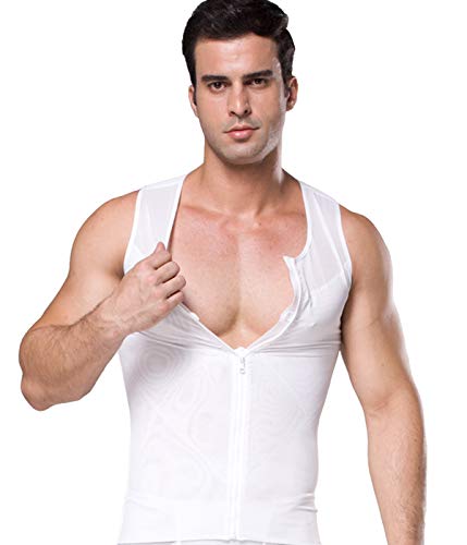 FEOYA Kompressionsunterwäsche Figurformendes Unterhemd Zipper Herren Tank Sport Fitness Bodyshaper Top Bauchweg Body Shaper für Männer-Weiß-M von FEOYA
