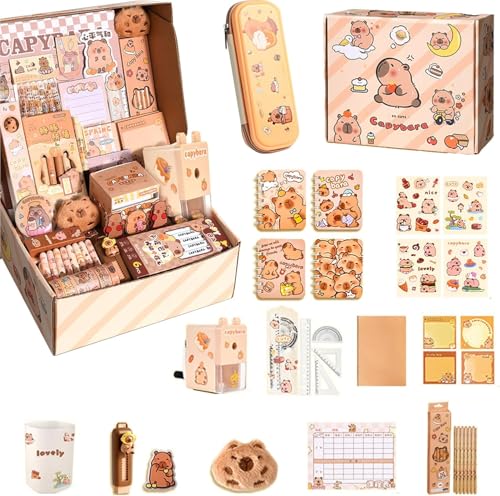 Capybara Schreibwaren Set, 36 Stück Capybara Sachen, Capybara Sachen Federmäppchen Aesthetic Groß Mit Bleistifte, Aufkleber, Bleistiftspitzer,Süßes Schreibwaren Geschenkset für Kinder von Ferakum