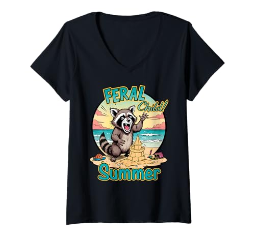 Damen Feral Child Sommer Cartoon Waschbär Strand Meme T-Shirt mit V-Ausschnitt Damen Feral Child Sommer Cartoon Waschbär Strand Meme T-Shirt mit V-Ausschnitt von Feral Child Summer by NLTS
