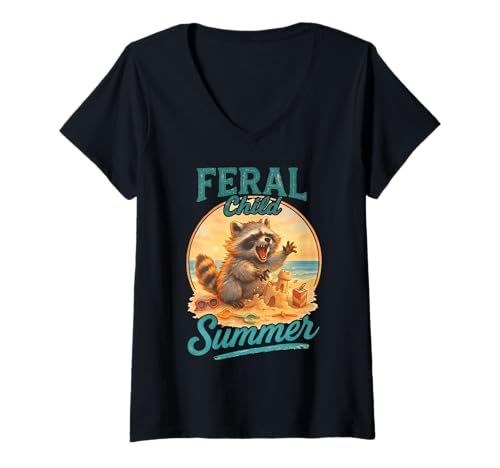Damen Feral Child Sommer Waschbär Strand Chaos Meme T-Shirt mit V-Ausschnitt Damen Feral Child Sommer Waschbär Strand Chaos Meme T-Shirt mit V-Ausschnitt von Feral Child Summer by NLTS